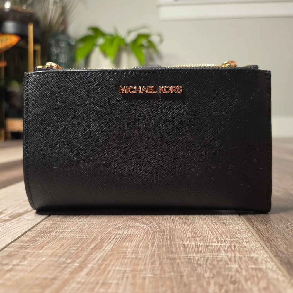 Michael Kors Wallet Women NS Black NEW Jet Set Travel LG Double Zip Leather